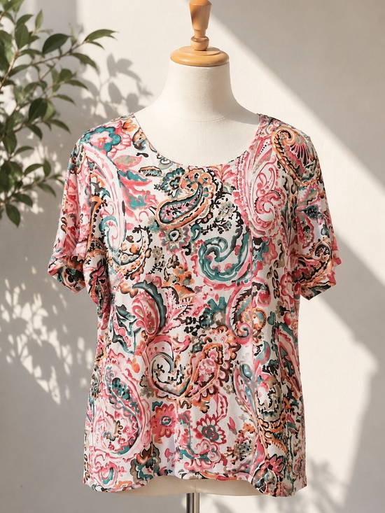 Rebecca Malone Tops - Rebecca Malone Pink Paisley Short Sleeve Tee with Teal & Coral Accents